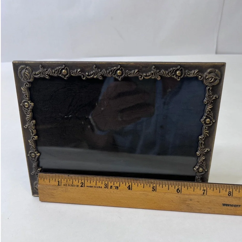 Ornate Baroque Bronze Metal 5x7 Picture Frame Raised Rose Floral Scroll